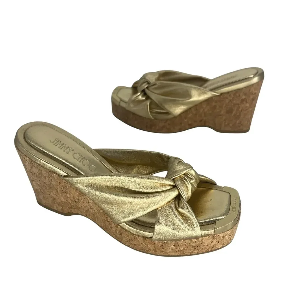 Jimmy Choo Avenue‎ Metallic Leather Cork Wedge Sandals Gold 37